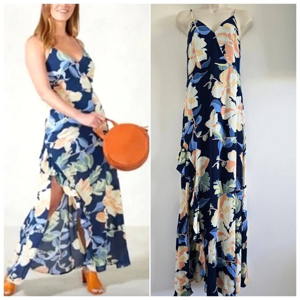 Olivia Grey Floral Maxi Slip Dress Navy Size-S Raffle Side Slit Resort Wedding